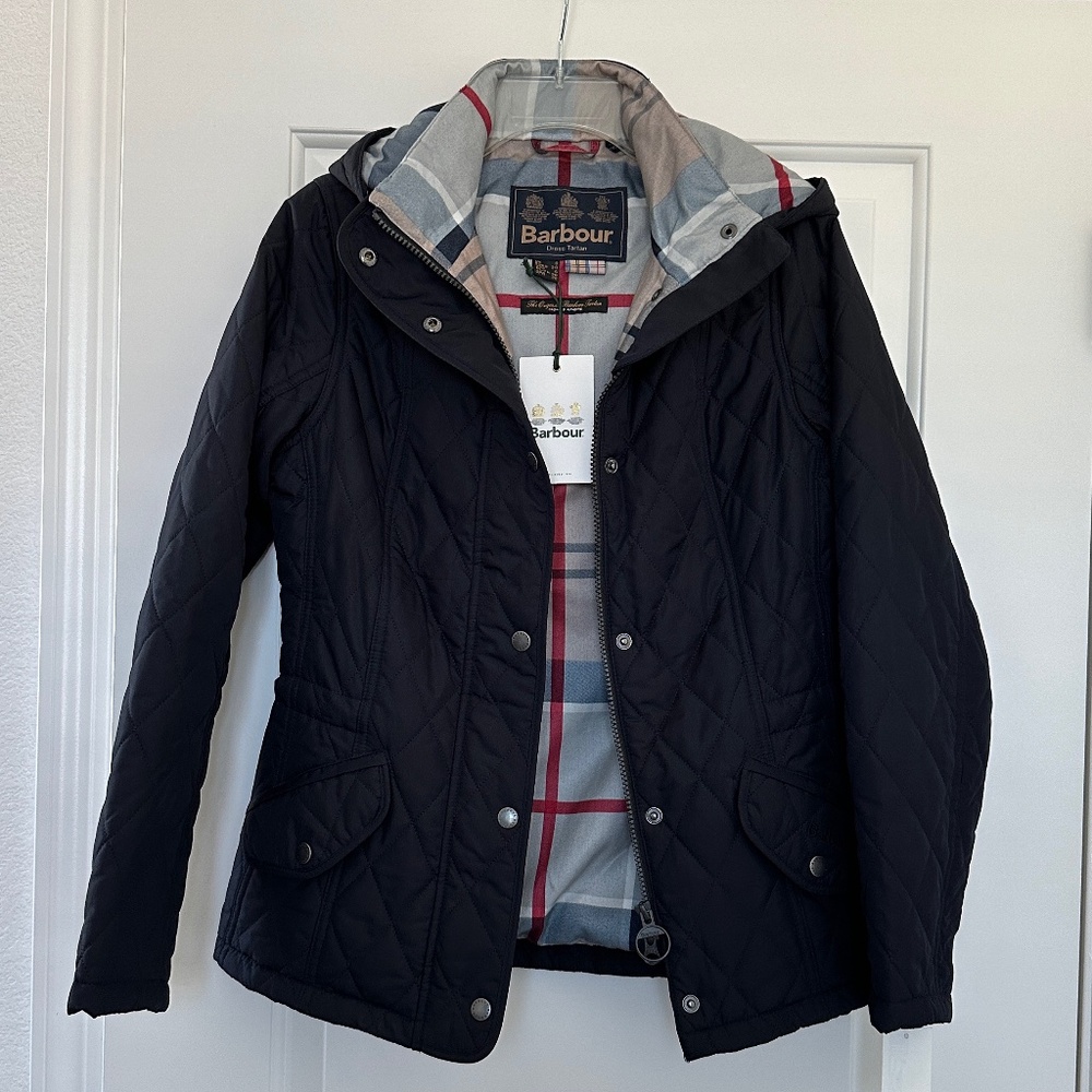 Barbour Millfire Quilted Jacket Removable Hood Dark Navy/Caramel US Size 4
